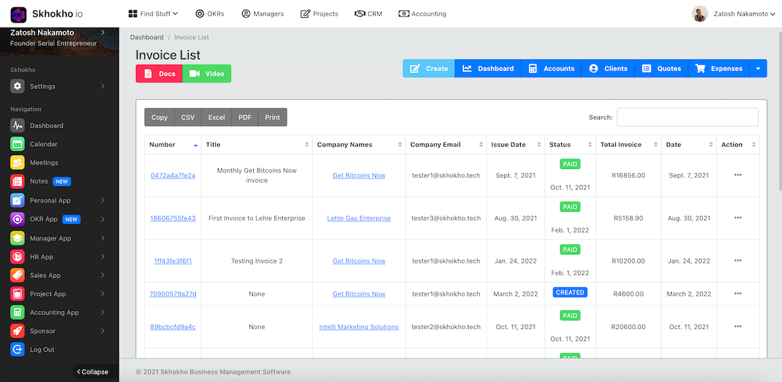 Invoice list management accounts