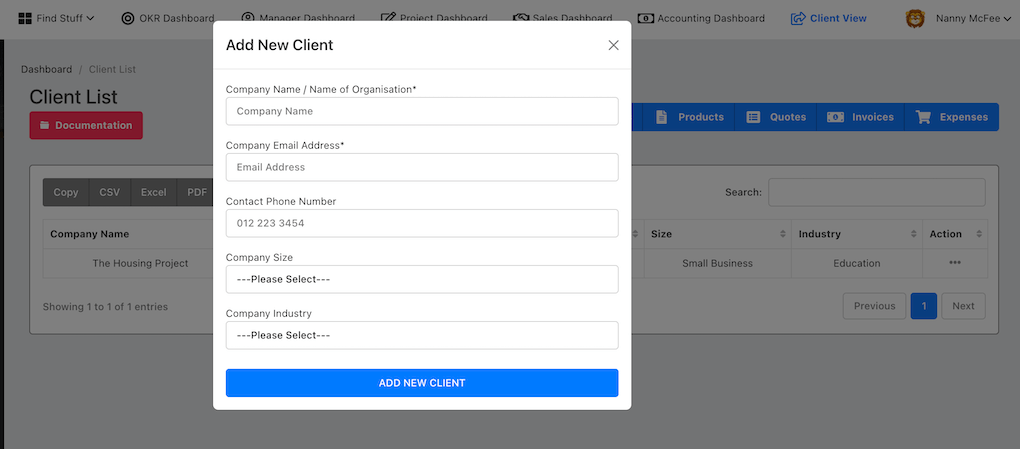 Add new client profile