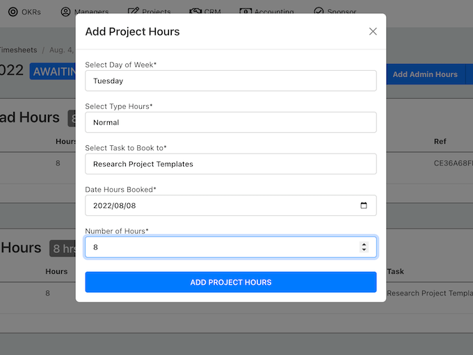 Booking Project Hours to Project