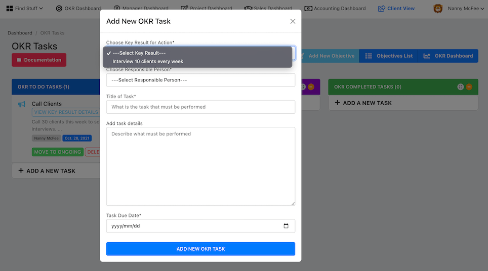 Enter New Key Result Task