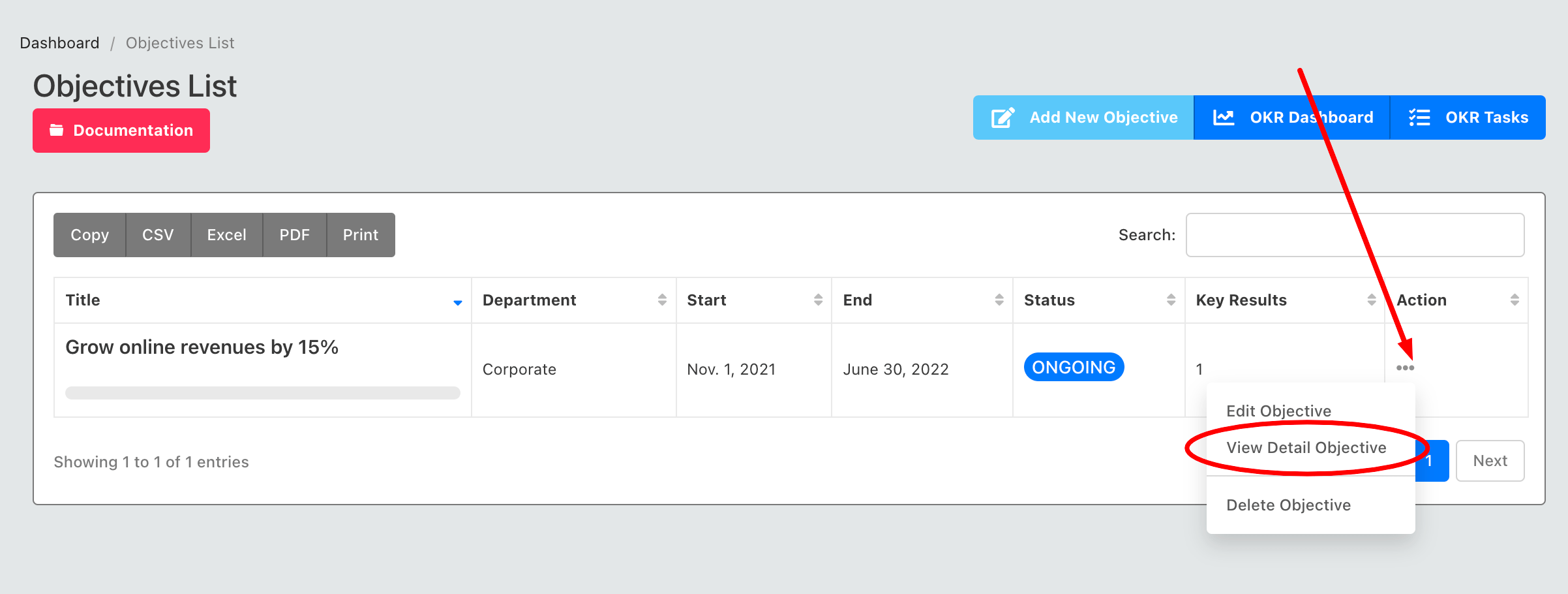 Open Objective Detailed Page