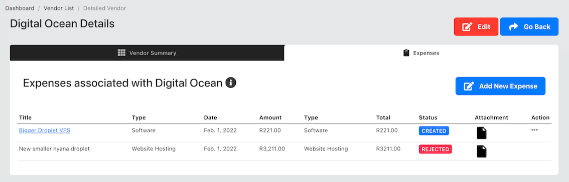 Vendor Detailed Page - Expense List